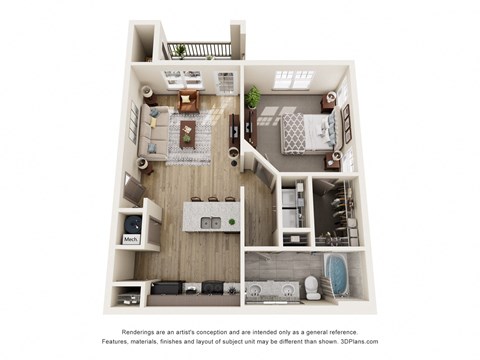 Floor plan for 1 bed, 1 bath, 726 sqft
